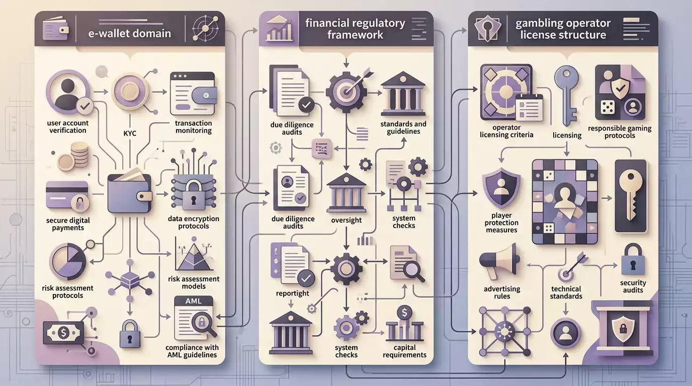 Abstract compliance map showing wallet, e-money regulator and gambling regulator roles